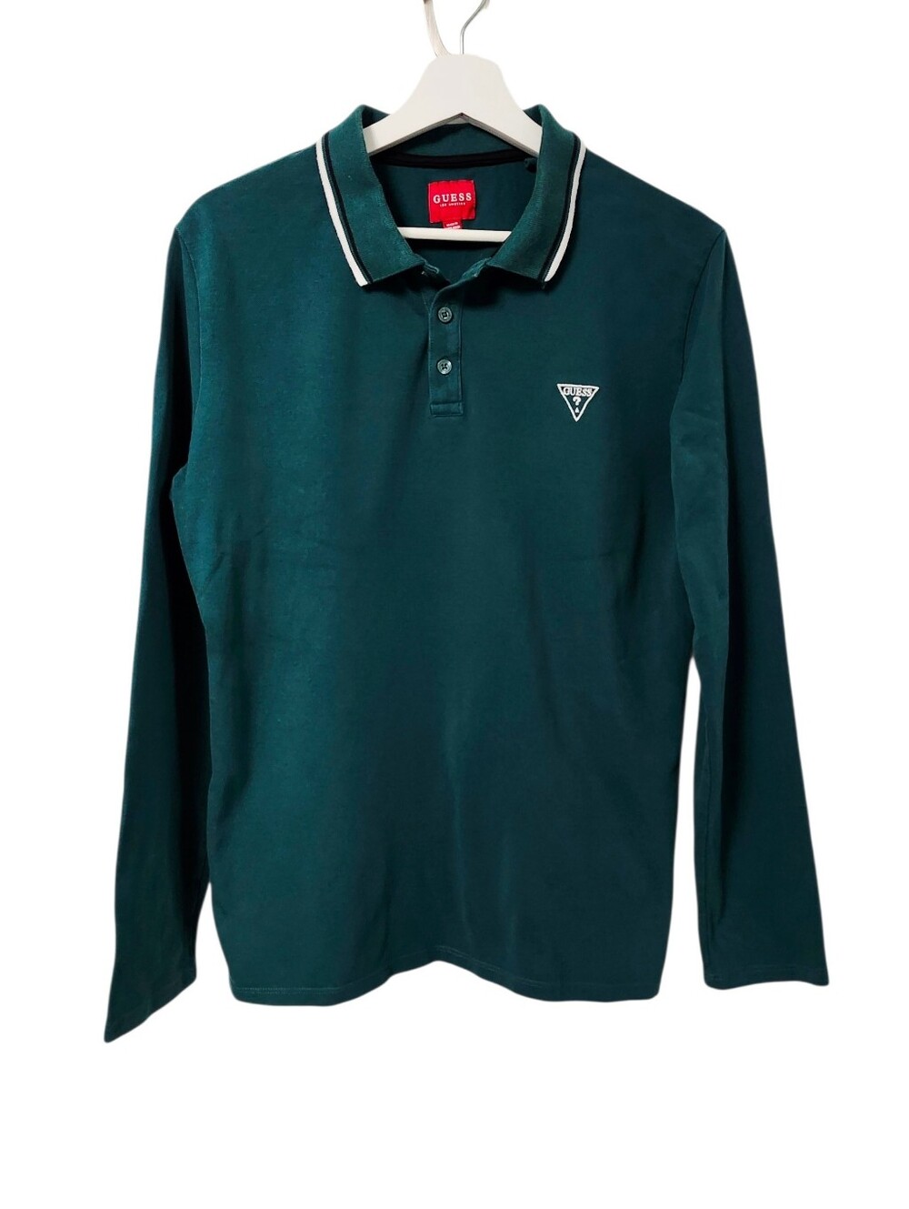 Guess Dark Green Long-Sleeve Polo Shirt with Contrast Trim size M - Picture 3 of 10